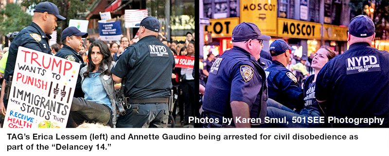 TAG's Erica Lessem and Annette Gaudino being arrested for civil disobedience as part of the "Delancey 14."