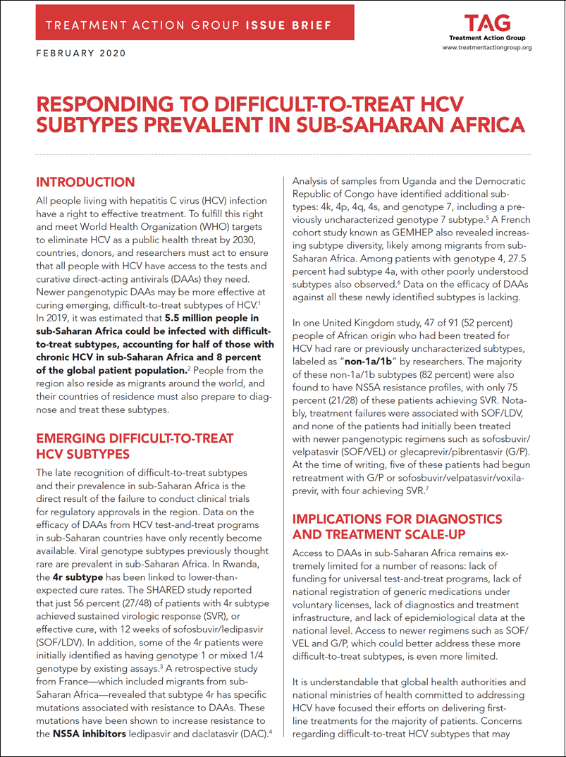 Cover of the report: Responding to Difficult-to-Treat HCV Subtypes Prevalent in Sub-Saharan Africa