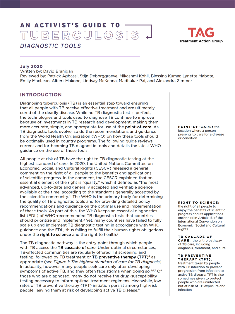 Cover image of publication, An Activist's Guide to TB Diagnostic Tools