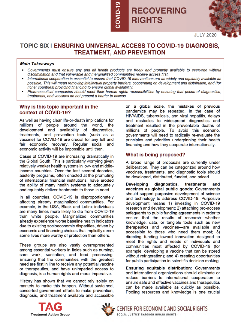 Cover image of publication Ensuring Universal Access to COVID-19 Diagnosis, Treatment and Prevention