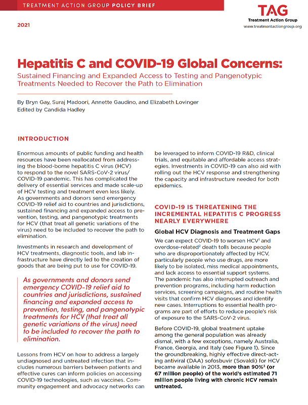 Cover of the brief: Hepatitis C and COVID-19 Global Concerns: Sustained Financing and Expanded Access to Testing and Pangenotypic Treatments Needed to Recover the Path to Elimination