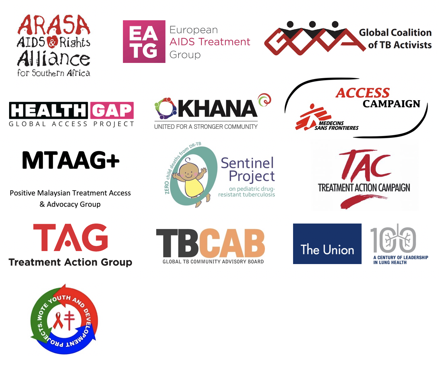 Logos of: ARASA, EATG, GCTB, Health Gap, Okhana, MSF Access Campaign, MTAAG+, Sentinenel Project, Treatment Action Campaign, TAG, TB CAB, The Union, Wote Youth and Development Projects