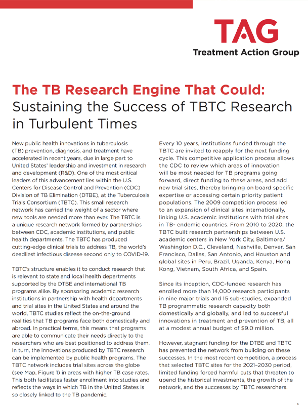 Cover of report: The TB Research Engine That Could, Sustaining the Success of TBTC Research in Turbulent Times