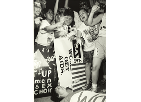 Ben Thornberry photo: Activist stage “die-in” moments before police charge at Republican National Convention, Houston, TX, 1992