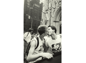 Ben Thornberry's photo: Two marchers participate in a “kiss-in” in front of St. Patrick’s Cathedral during the 20th Anniversary of the Stonewall March, NYC, 1989