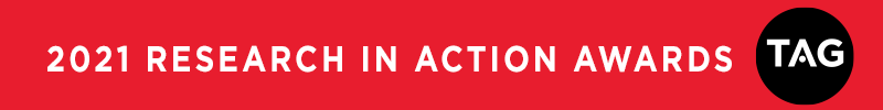 Red graphic with white type that says 2021 Research in Action Awards, with the TAG logo in a black circle
