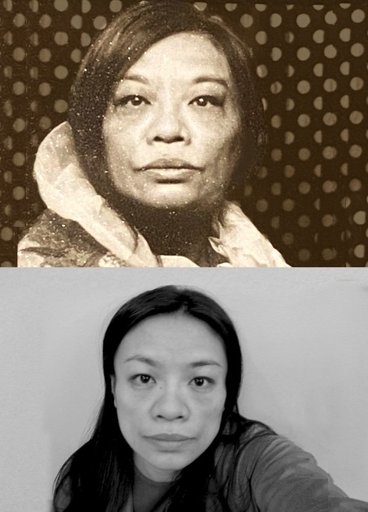 two photos of Ivy Kwan Arce, sepia and black and white, with an AAPI woman looking straight at the camera
