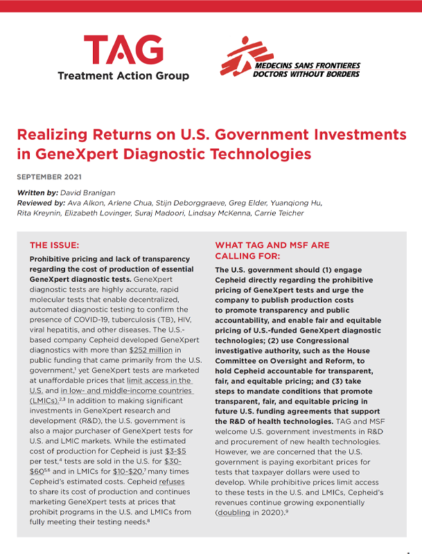 first page of TAG and MSF brief: Realizing returns on U.S. government investment in GeneXpert Diagnostic Technologies