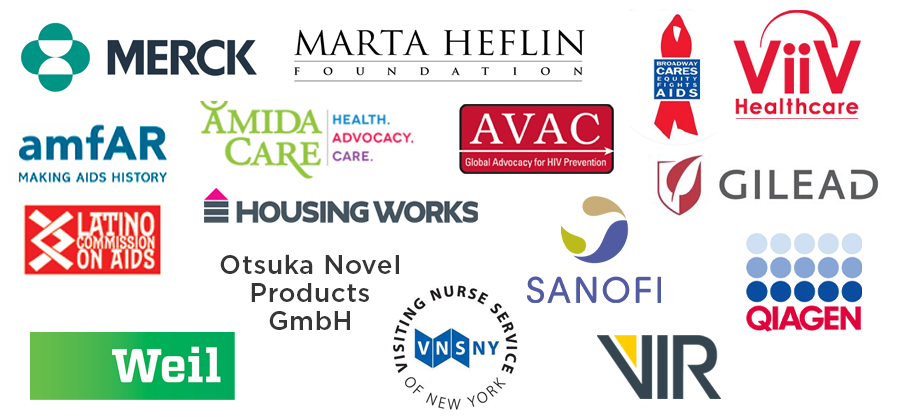 montage of logos: merck, marta heflin foundation, broadway cares, ViiV healthcare, amfAR, Amida Care AVAC, Gilead, Latino Commission on Aids, Housing Works, Sanofi, Qiagen, Weil, Otsuka Novel Products GmbH, Visiting Nurse Service of new york, Vir