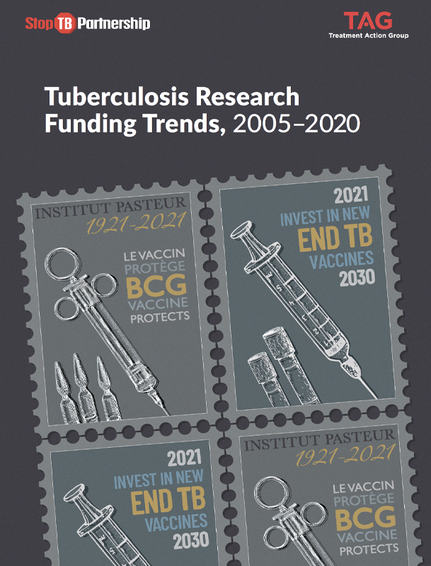 Cover of Tuberculosis Research Funding Trends, 2005 - 2020. Cover illustration is a sheet of stamps. one says Institut pasteur, 1921-2021, le vaccin protege bcg vaccine protects. the second says 2021, invest in new end TB vaccines, 2030
