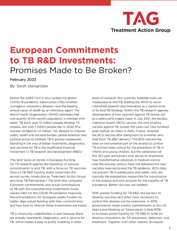 First Page Of Report: European Commitments To TB R&D Investments: Promises Made To Be Broken, All Text With TAG Logo