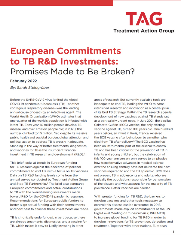 first page of report: European Commitments to TB R&D Investments: Promises Made to Be Broken, all text with TAG logo