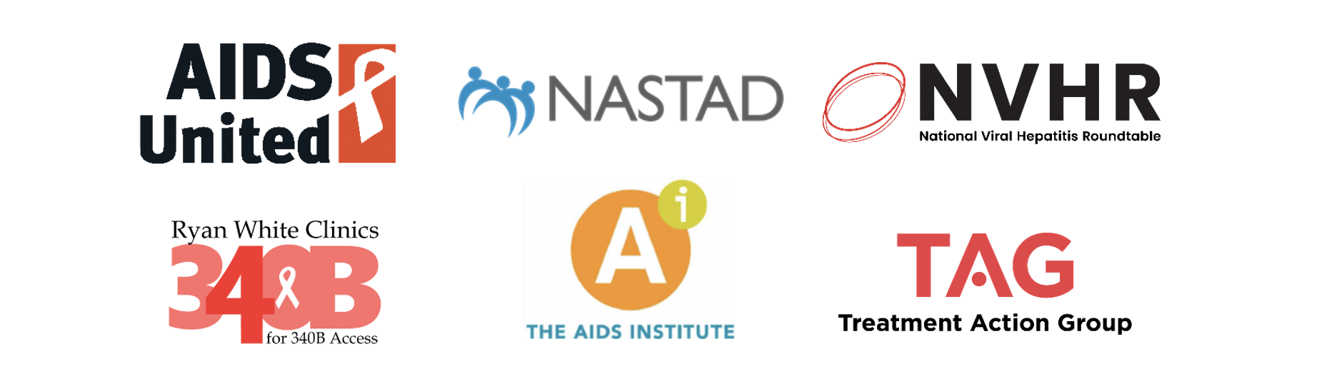 logo montage showing: AIDS United, NASTAD, National Viral Hepatitis Roundtable, Ryan White Clinics for 340B Access, The AIDS Institute, Treatment Action Group