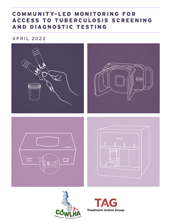 cover of the report "Community-led Monitoring for Access to Tuberculosis Screening and Diagnostic Testing" along with four line drawings of tb testing and diagnostic devices