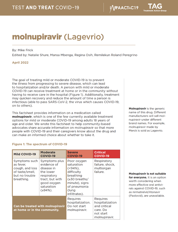 cover image of the fact sheet, test and treat COVID-19: community guide to molnupiravir (Lagevrio) by Mike Frick