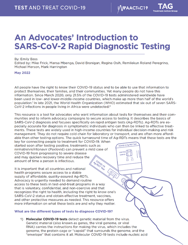 cover of publication: An Advocate's Introduction to SARS-CoV-2 Rapid Diagnostic Testing, there's a drawing on the cover of a hand holding up two types of COVID rapid tests