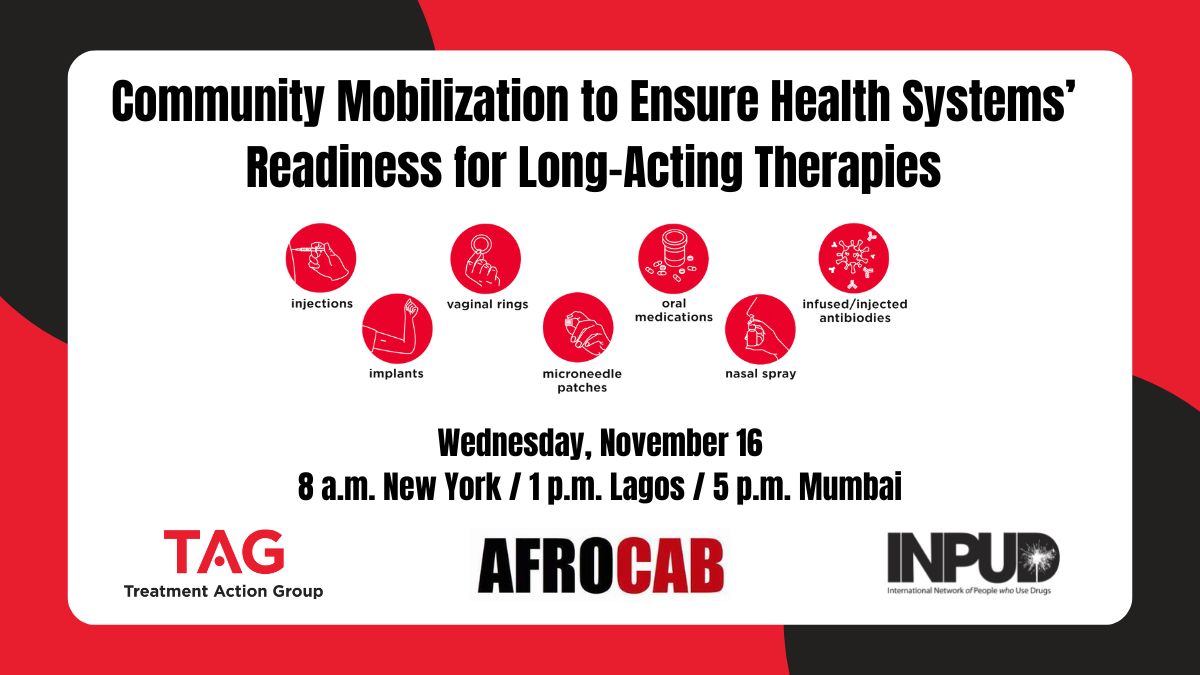 image that reads: Community Mobilization to ensure health systems' readiness for long acting therapies, wednesday, november 16, 8 am new york/1 pm Lagos / 5 pm Mumbai