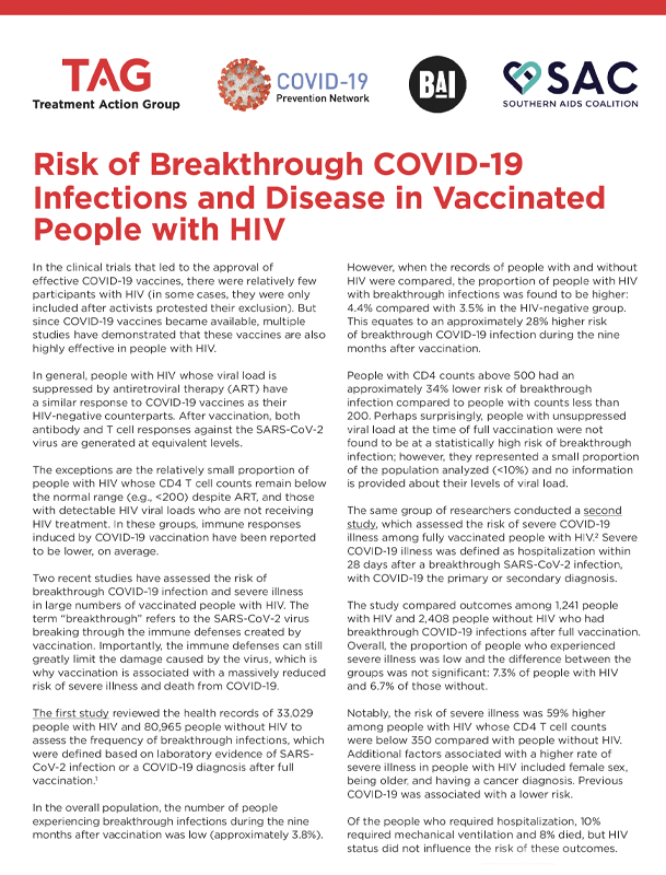 image of the first page of the publication: Risk of Breakthrough COVID-19 Infections and Disease in Vaccinated People with HIV