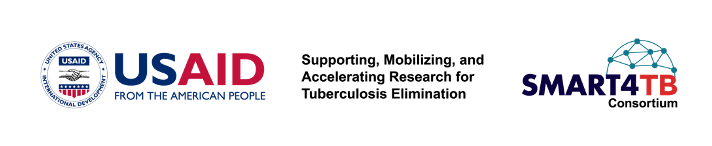 Red white and blue logo reading USAID from the American people, then SMART4TB Consortium, "supporting, mobilizing, and accelerating research for tuberculosis elimination"