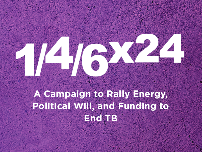 white letters on a purple background. They read "1/4/6x24: a campaign to rally energy, political will, and funding to end TB"