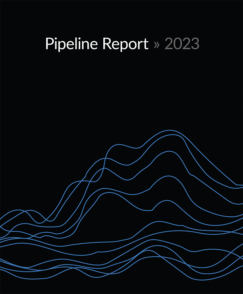 Report cover that reads" Pipeline Report 2023. Pipeline report is white text, and 2023 is gray. The main cover is black with a graphic of blue wavy lines