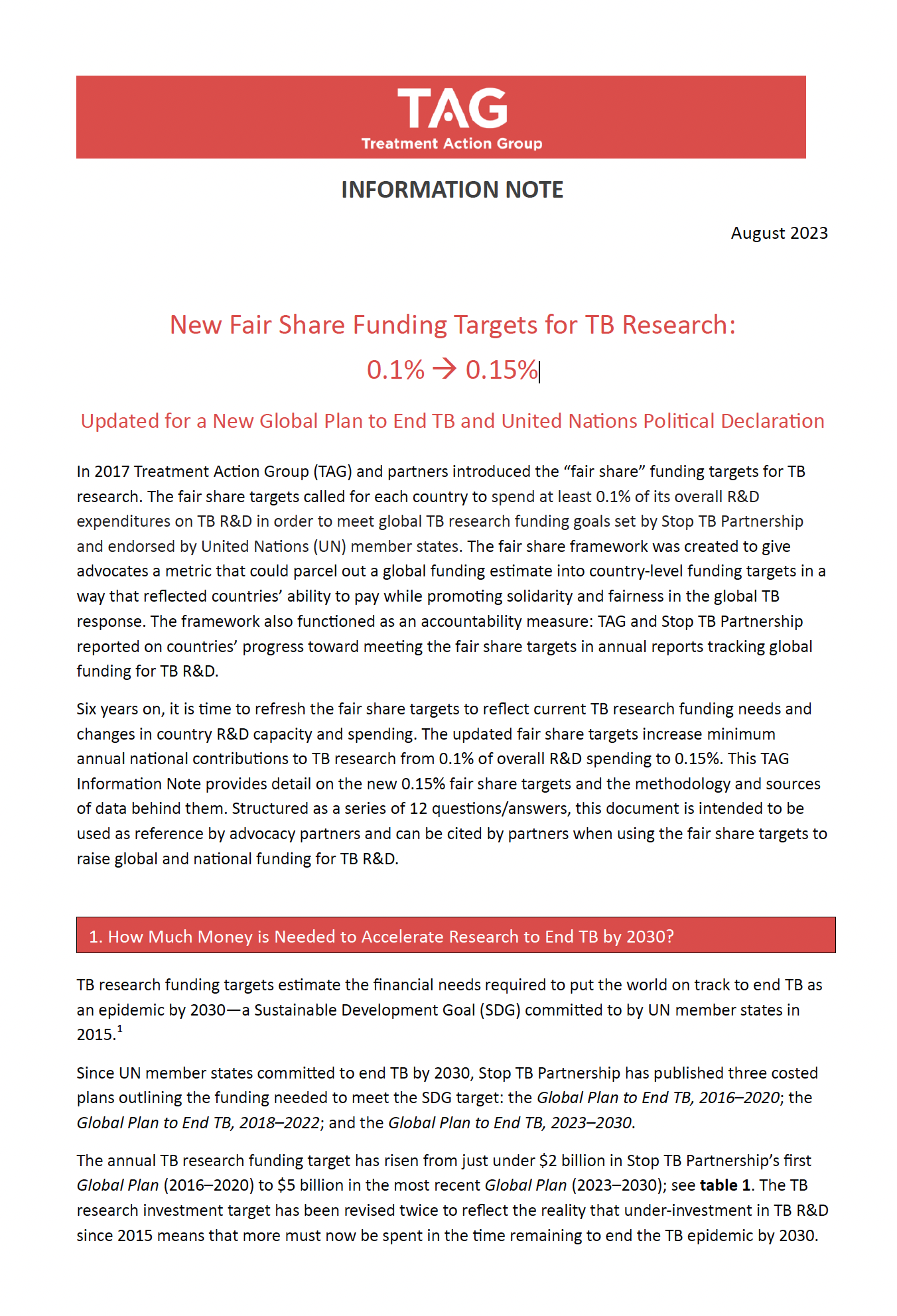 First page of the publication, Information Note: New Fair Share Funding Targets for TB Research 0.1% -> 0.15%