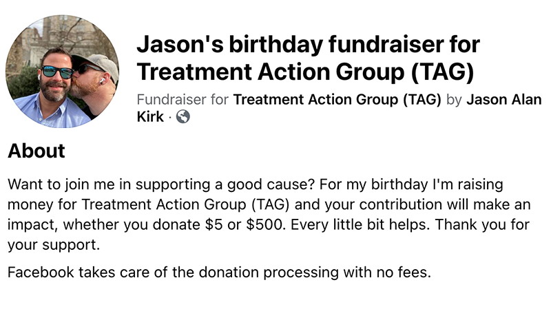 Image showing a sample facebook fundraising post: Jason's birthday fundraiser for TAG.