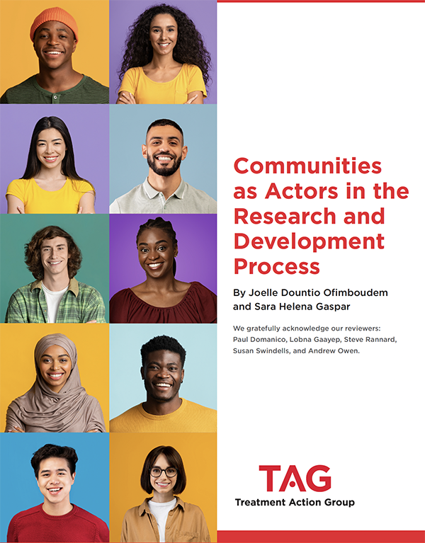 Cover of the publication: Communities as Actors in the Research and Development Process. The left side of the cover features 10 small photos of a variety of people: men, woman, all races
